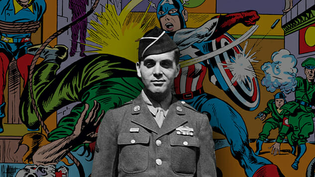 Jack Kirby in Militärs Uniform vor einem Hintergrund voller Superhelden