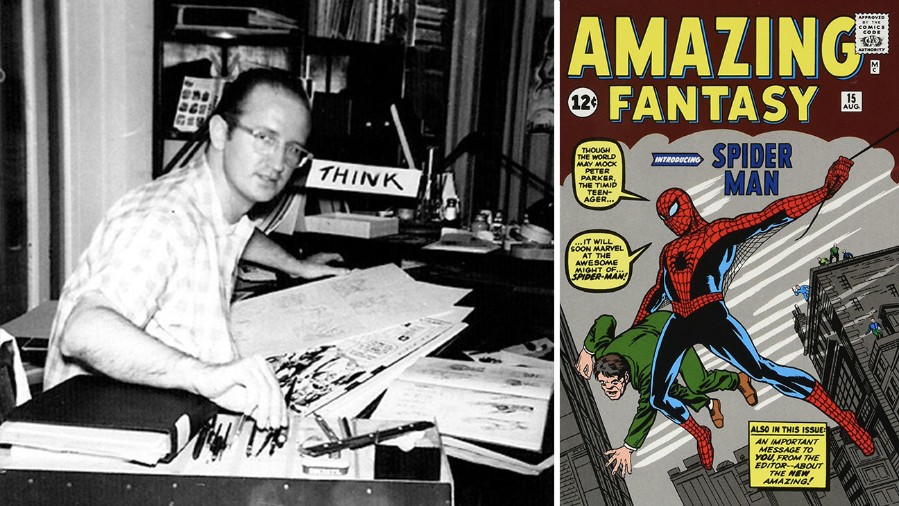 Steve Ditko, während er zeichnet mit einem Bild von Amazing Fantasy #15