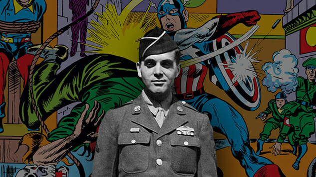 Jack Kirby in Militärs Uniform vor einem Hintergrund voller Superhelden