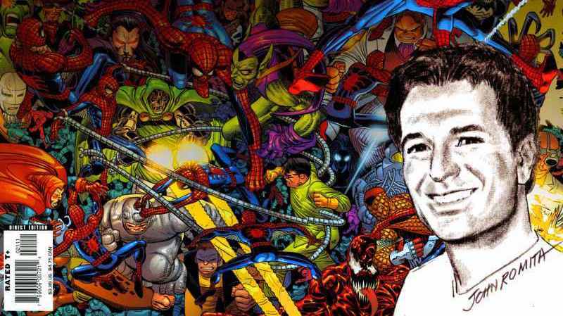 Zeichnung von John Romita Junior neben Superhelden