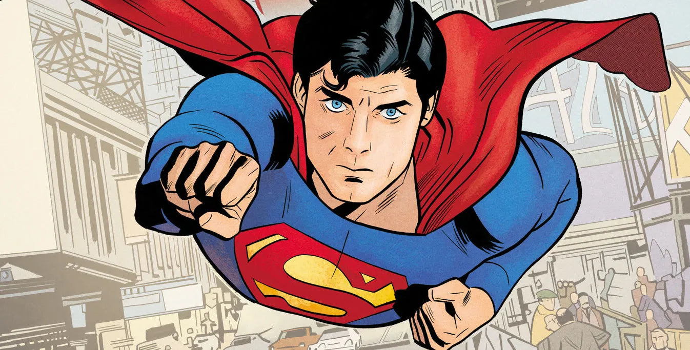 Superman in seinem Kostüm fliegt durch Metropolis