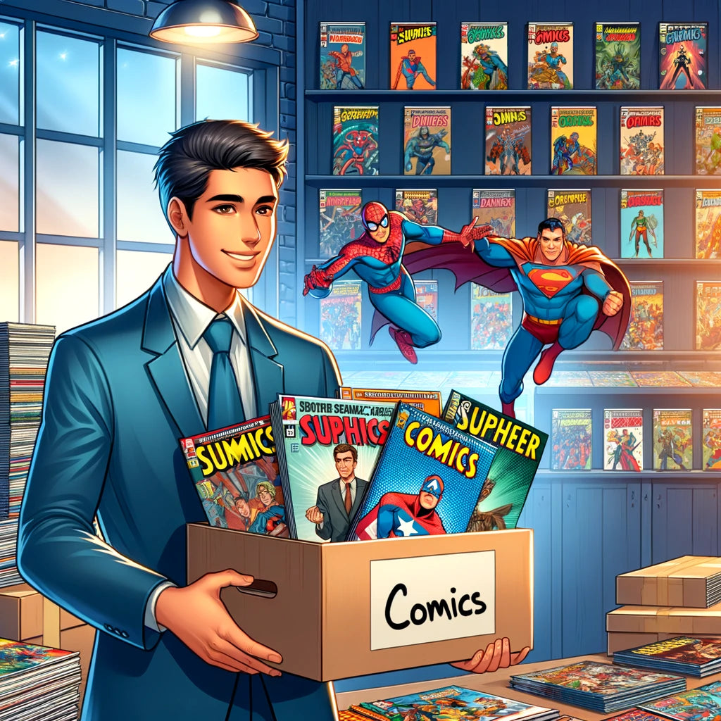 Junger Mann hält eine Box mit Superhelden Comics in der Hand