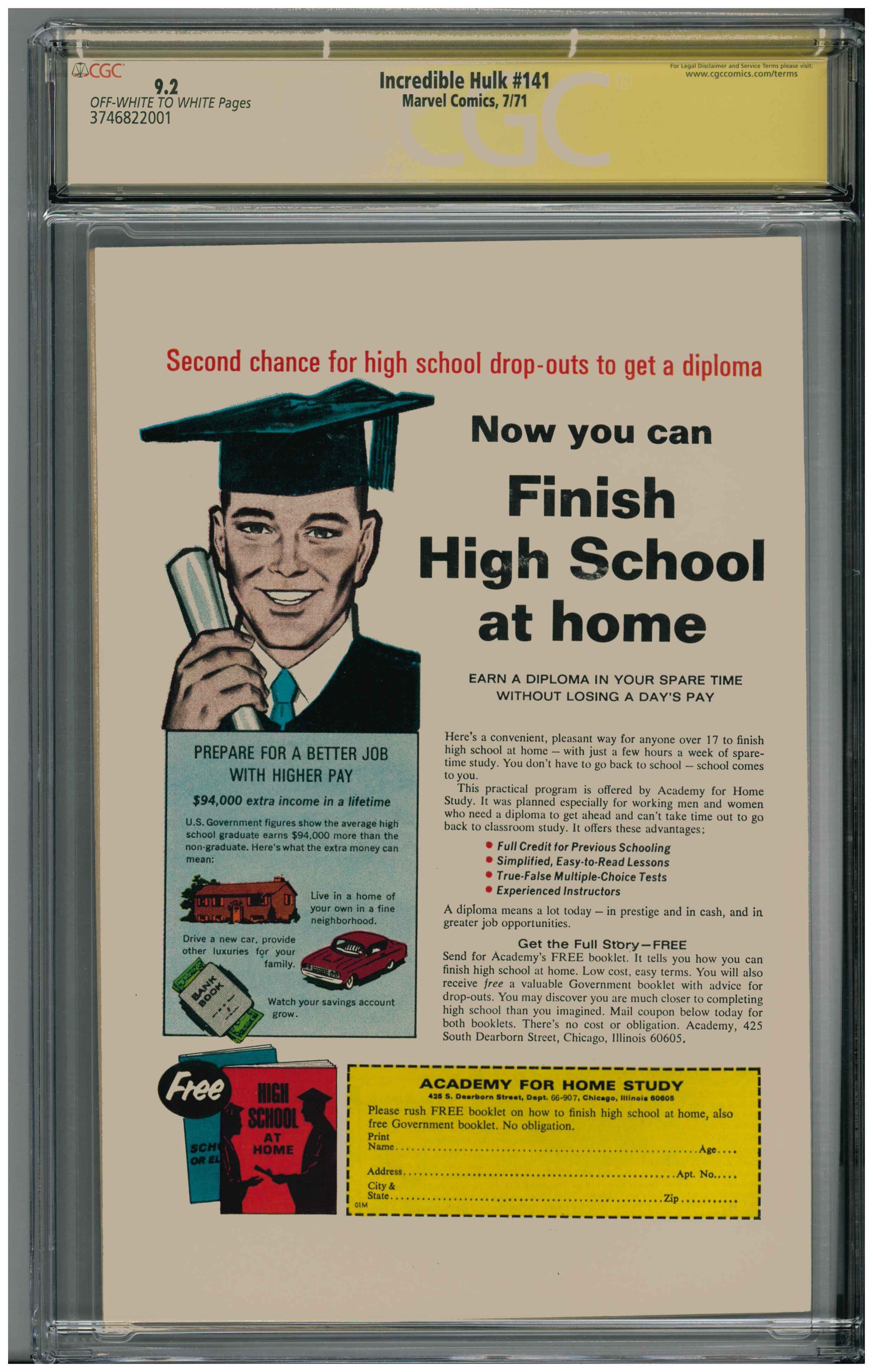 Incredible Hulk #141 | Unterschrieben von Roy Thomas Rückseite