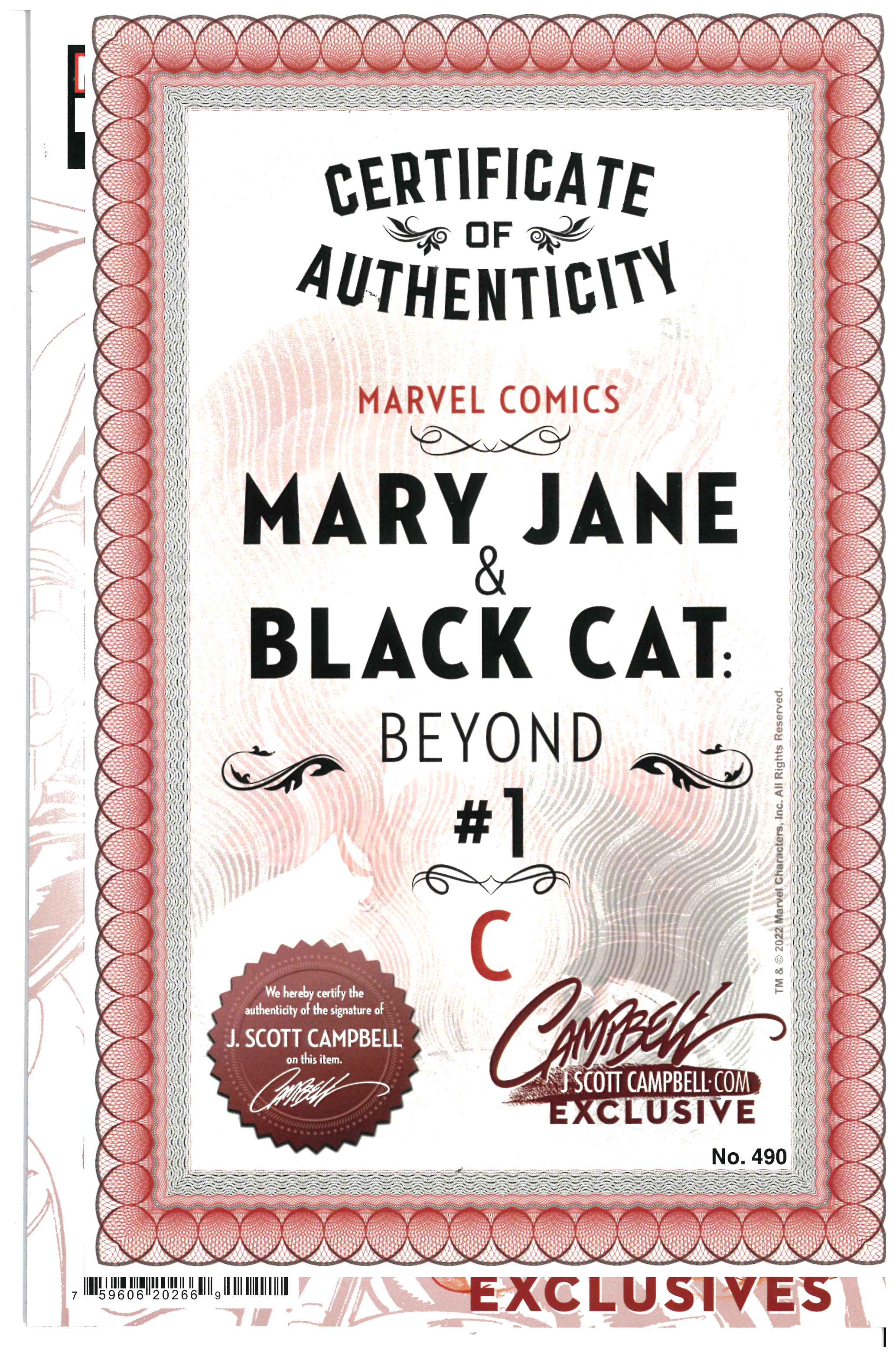 Mary Jane & Black Cat: Beyond #1 | Signed by J. Scott Campbell Certificate of Authenticity